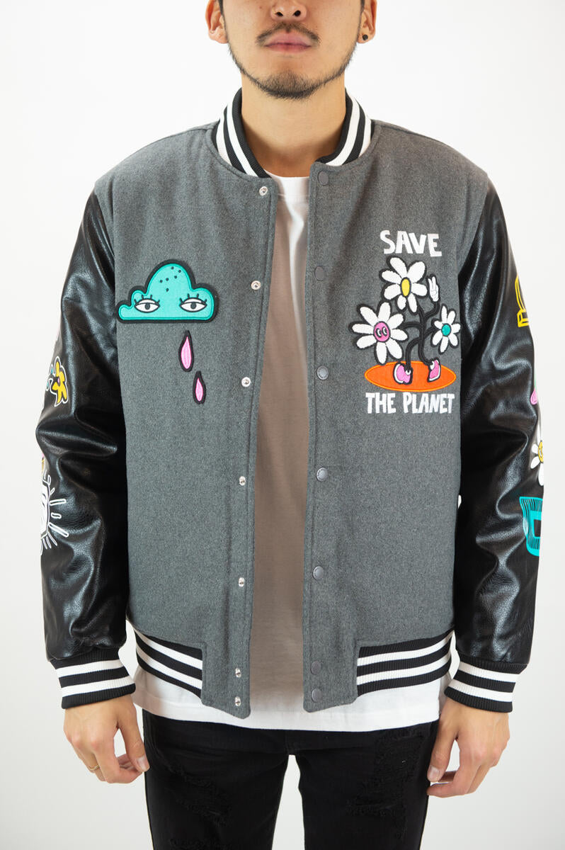 REBEL MINDS SAVE THE PLANET VARSITY JACKET