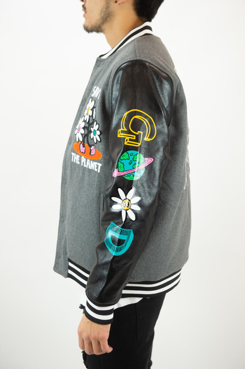 REBEL MINDS SAVE THE PLANET VARSITY JACKET