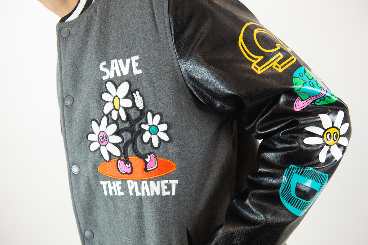 REBEL MINDS SAVE THE PLANET VARSITY JACKET