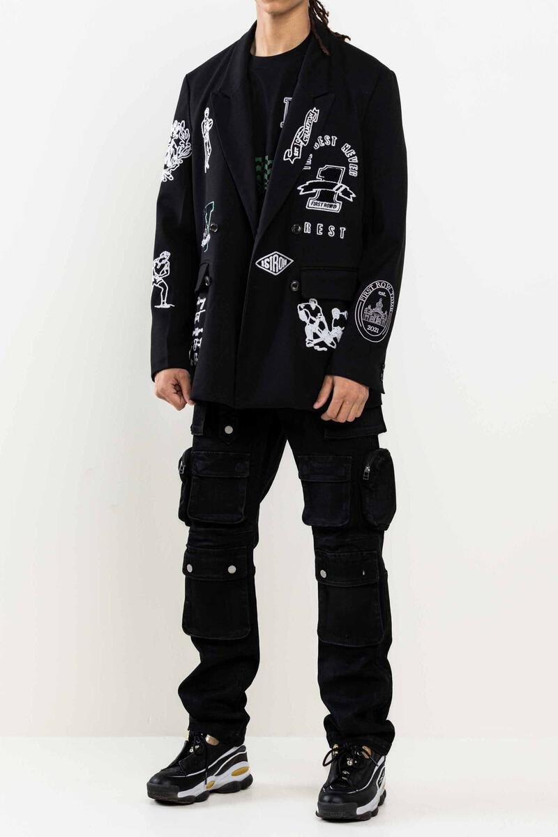 FIRST ROW MULTI PATCHES DOUBLE BREASTED BLAZER