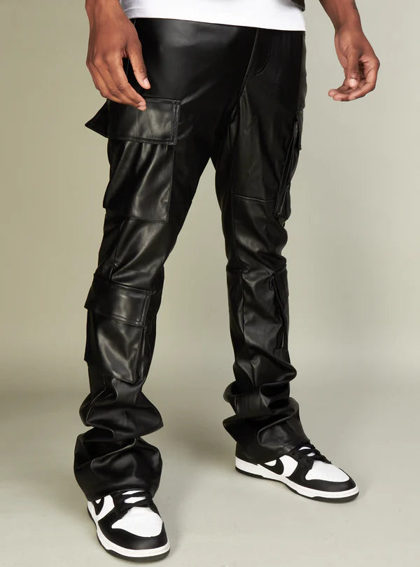 R3BEL VEGAN LEATHER STACKED CARGO PANTS