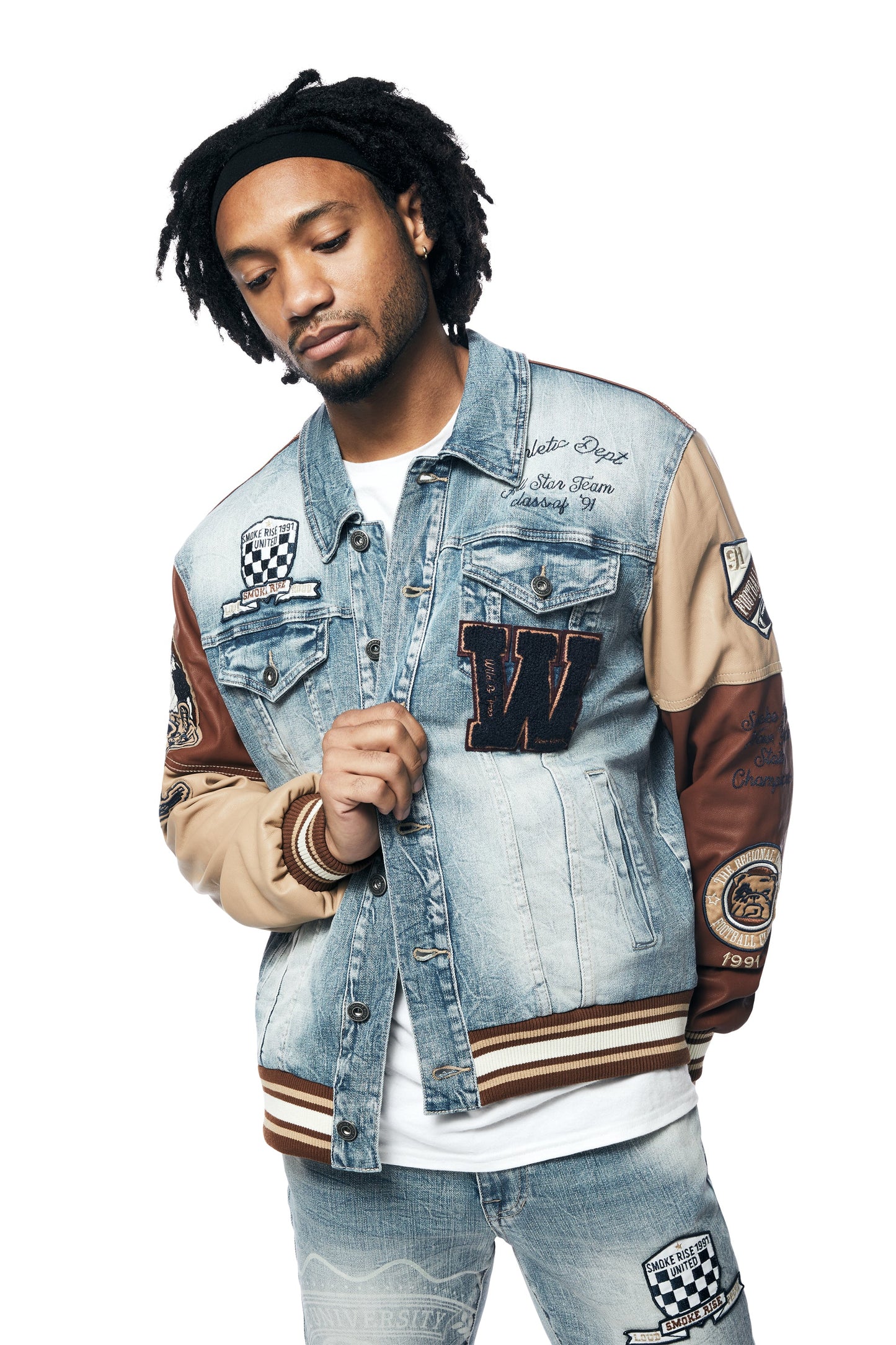 SMOKE RISE PLAID DENIM VARSITY JACKET