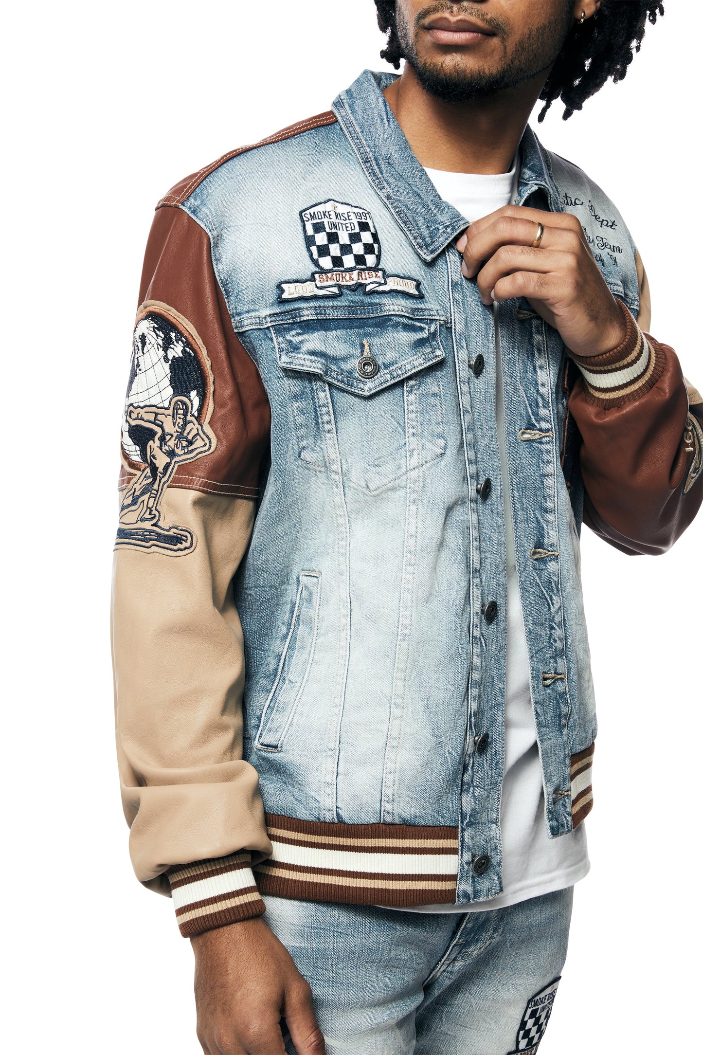 SMOKE RISE PLAID DENIM VARSITY JACKET