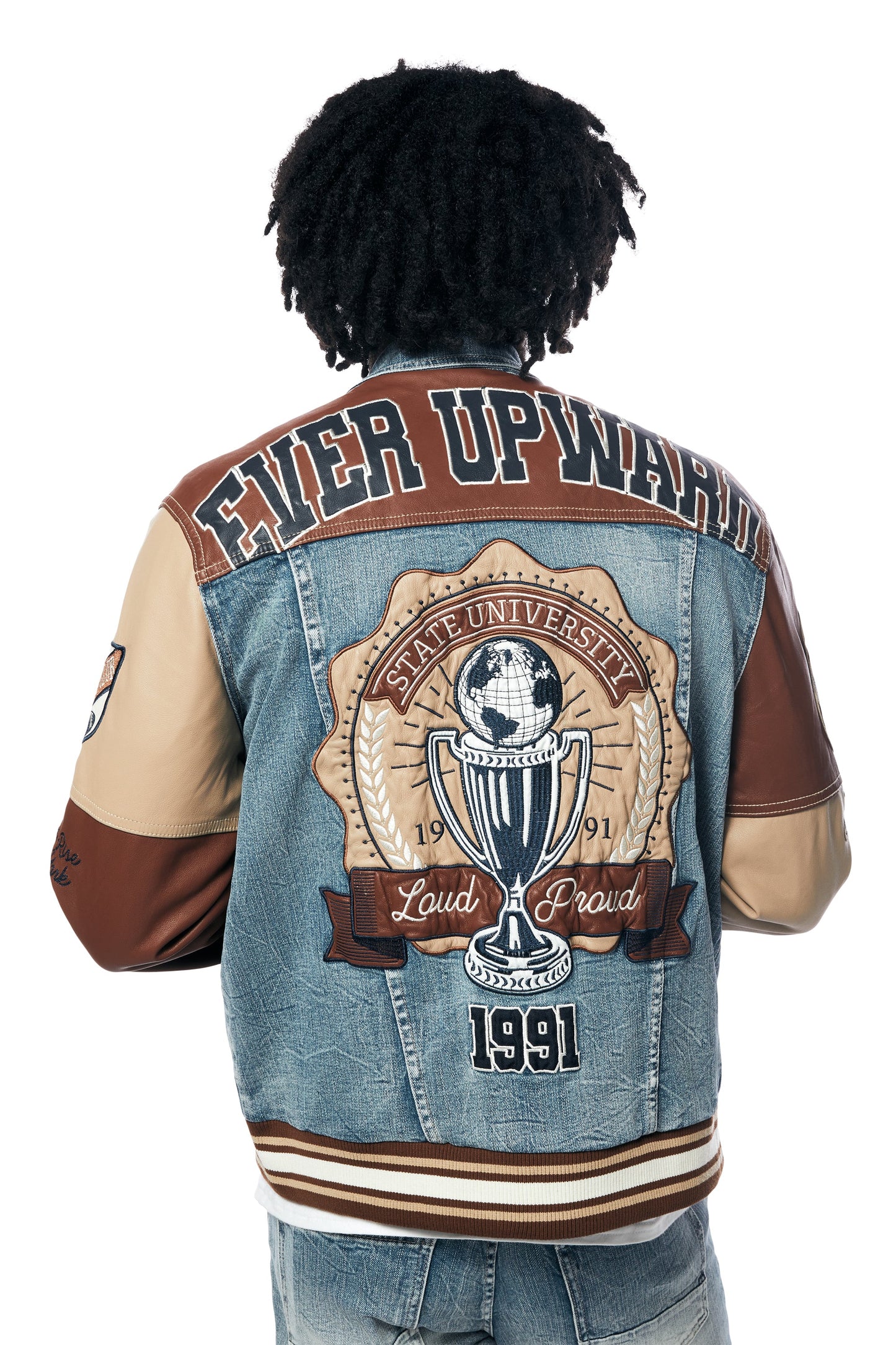 SMOKE RISE PLAID DENIM VARSITY JACKET