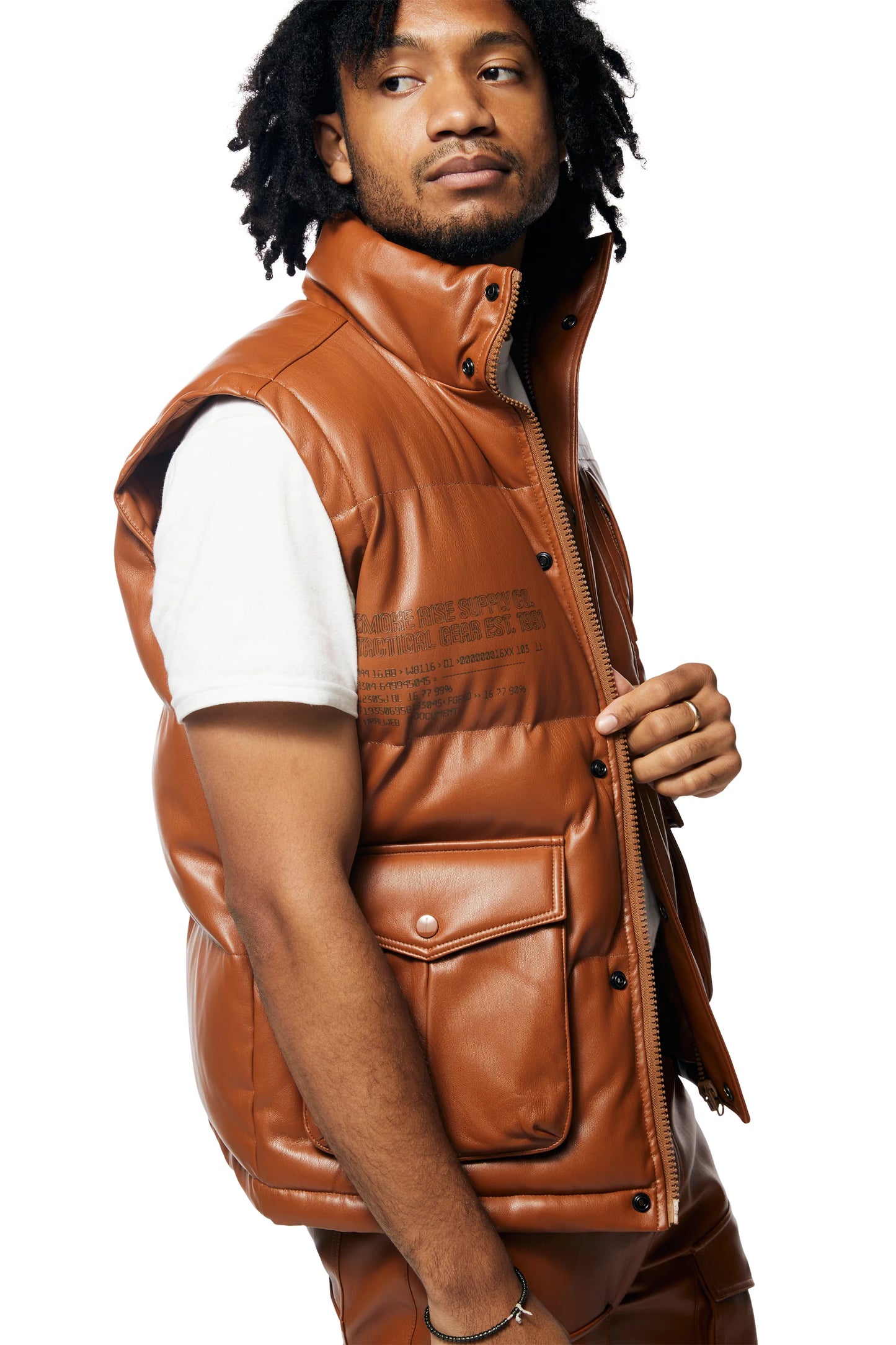 SMOKE RISE PLAID UTILITY VEGAN LEATHER VEST