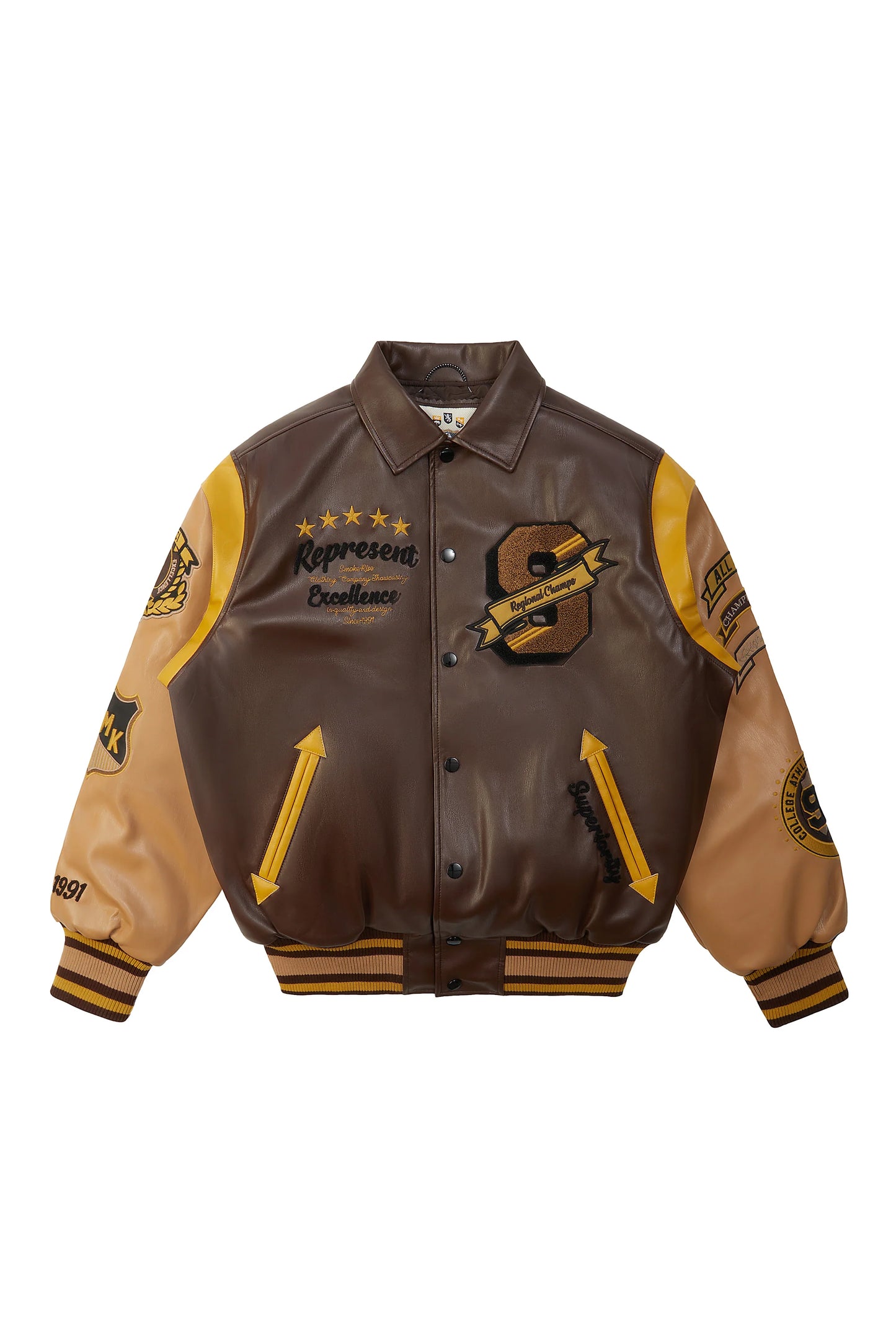 SMOKE RISE VEGAN LEATHER VARSITY JACKET