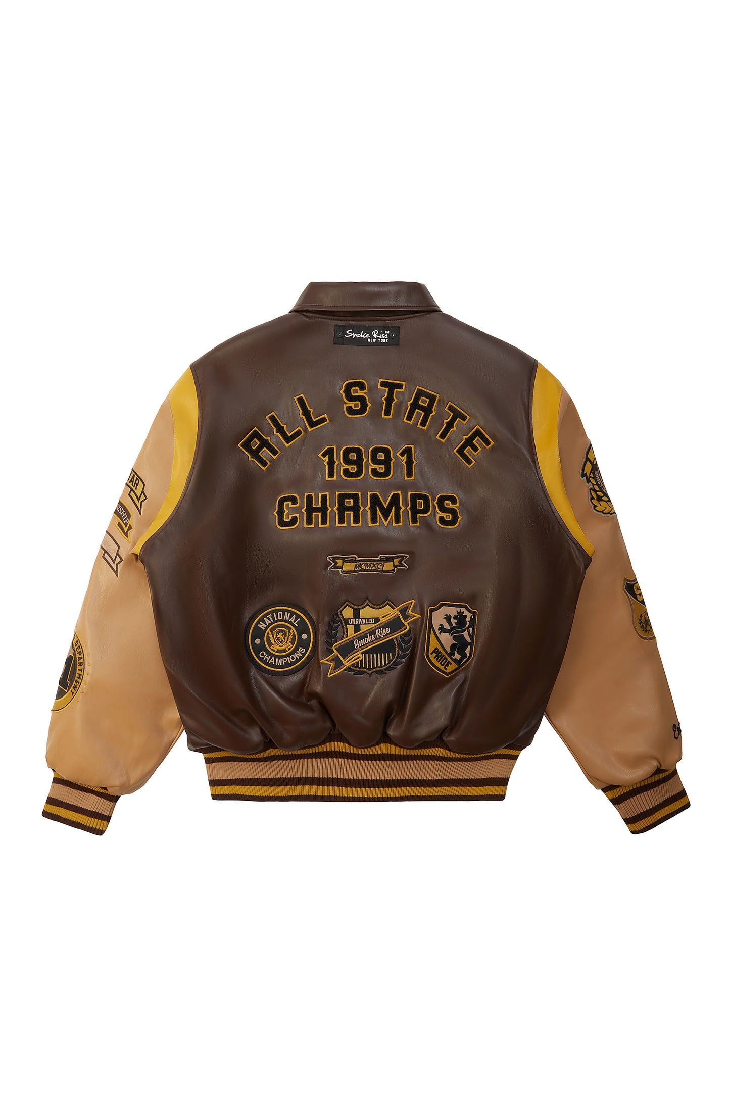 SMOKE RISE VEGAN LEATHER VARSITY JACKET