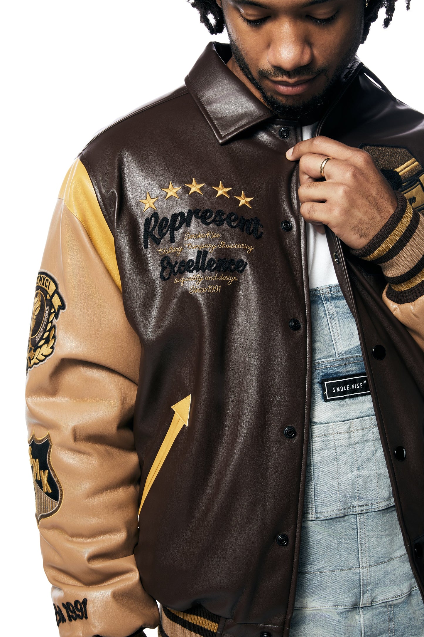 SMOKE RISE VEGAN LEATHER VARSITY JACKET